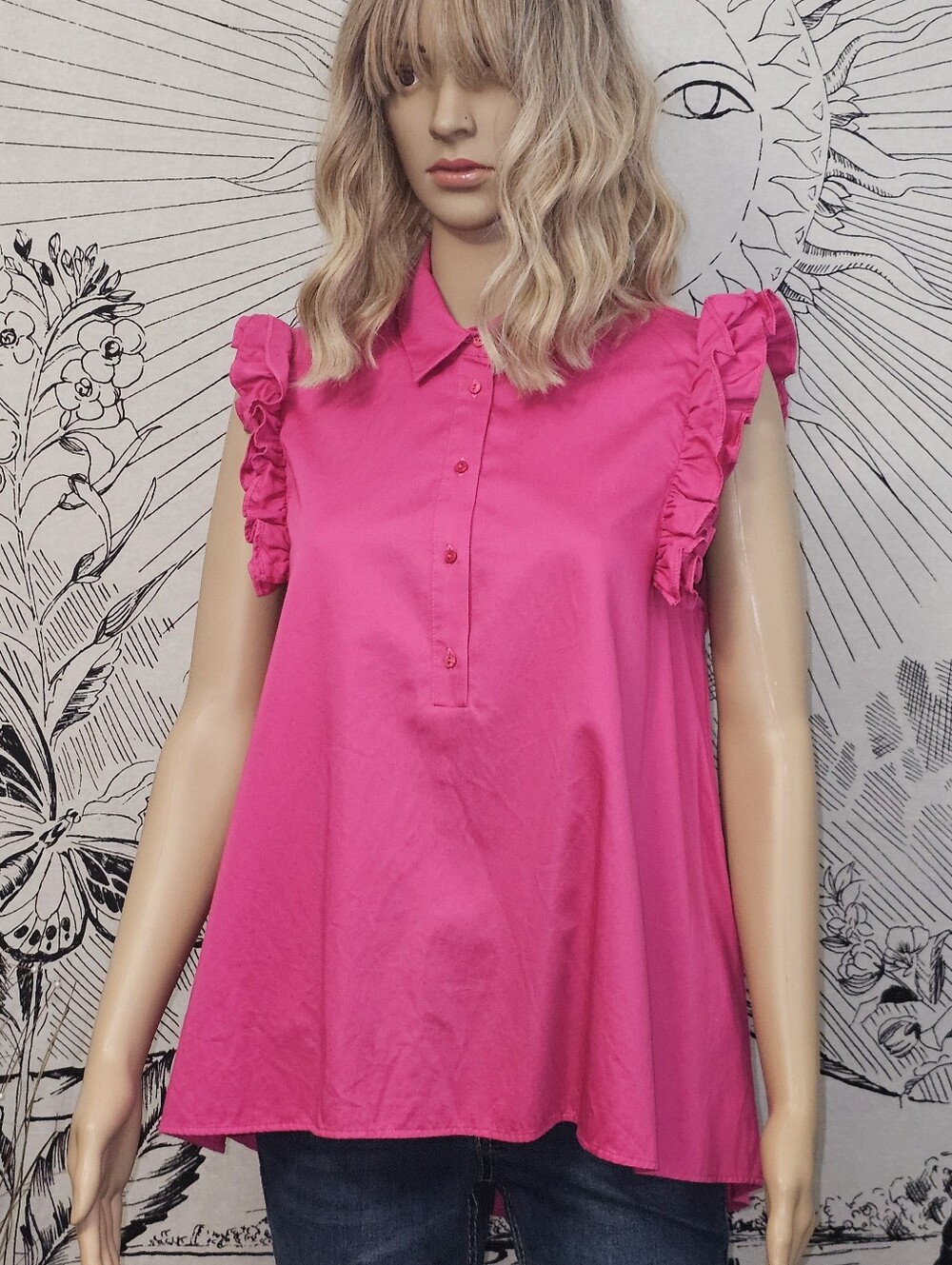 Zara Woman Fushia Ruffle Sleeve Button-Front Sleeveless Blouse Sz Small